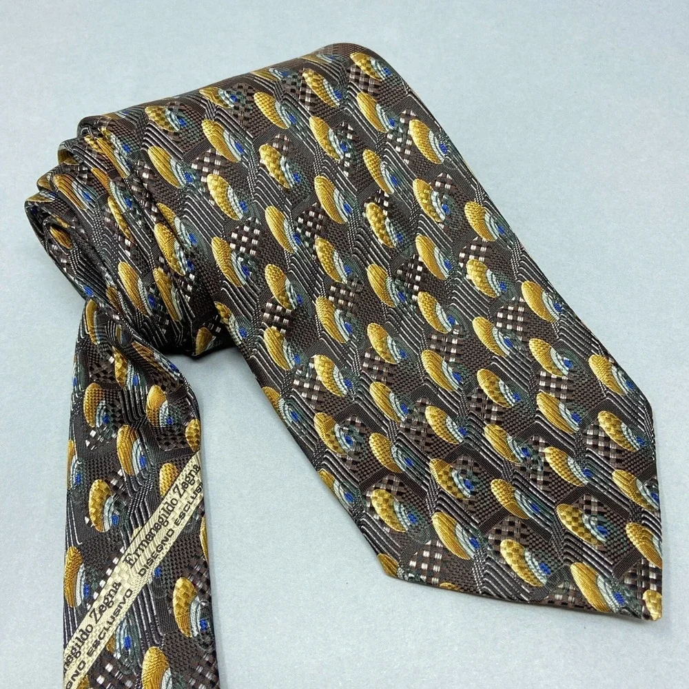 Ermenegildo Zegna Tie Necktie 100% Silk Geometric Abstract Designer Brown‎ Mens